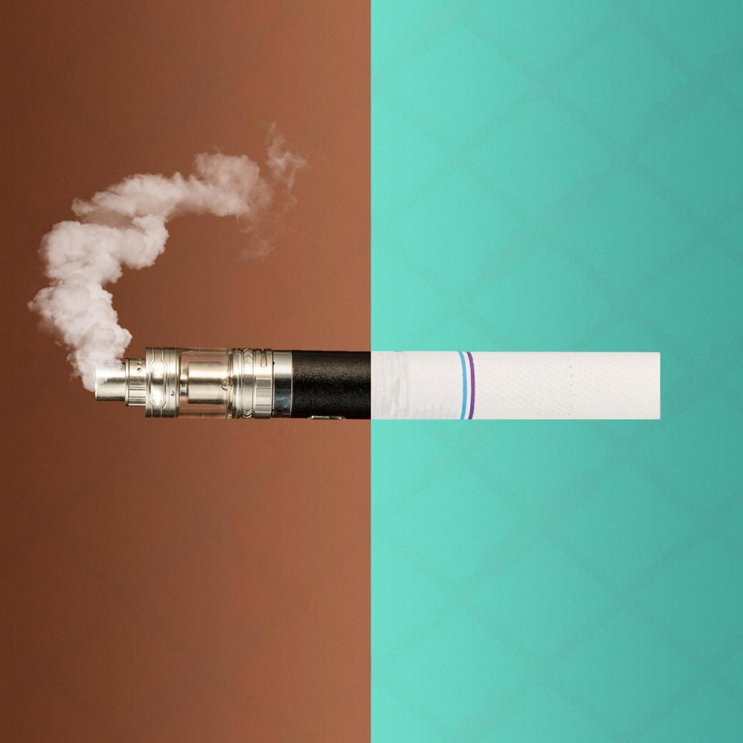 Split image comparing an electronic cigarette producing vapour and a traditional combustible cigarette